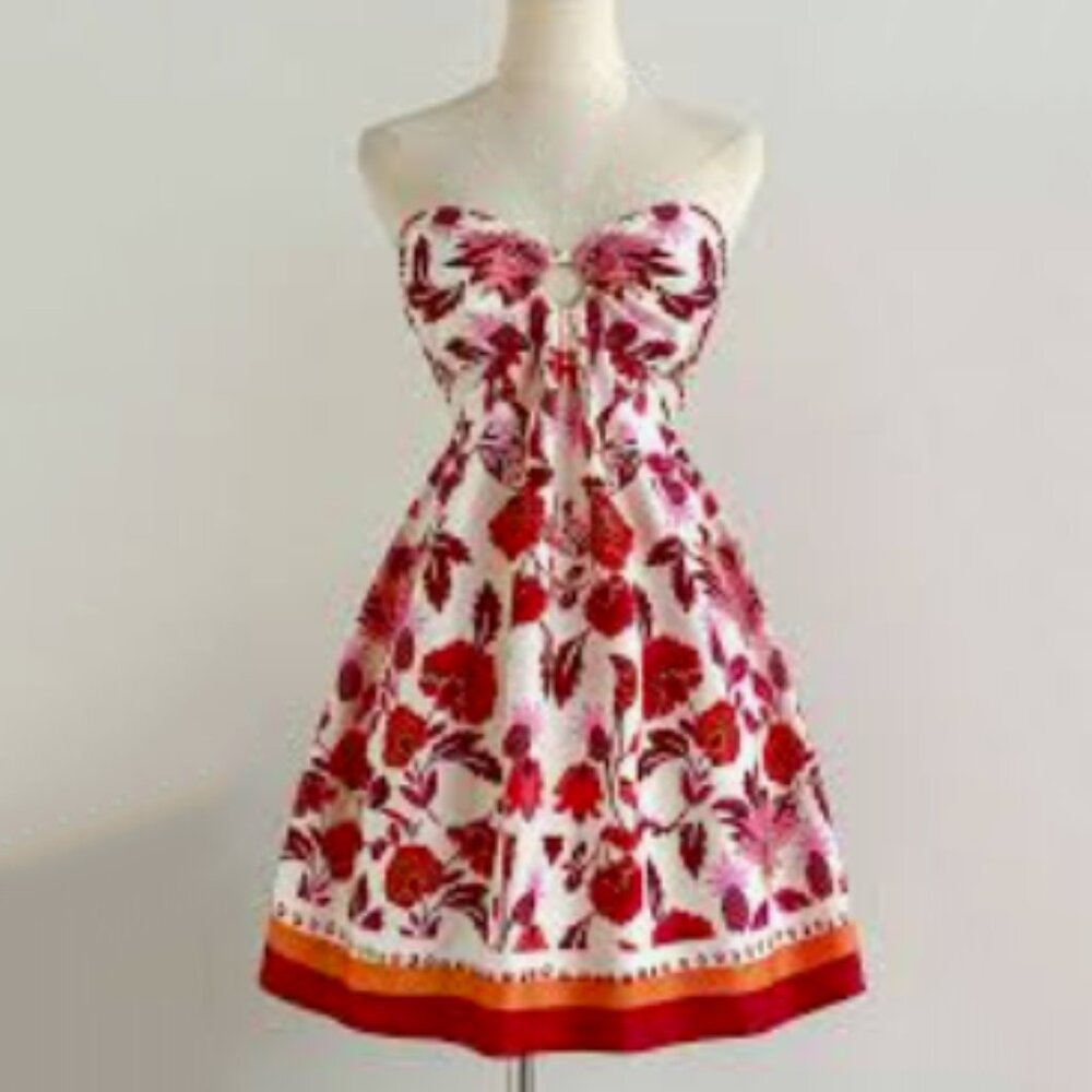 Modern Floral Strapless Bandeau Dome Key Hole Sun Summer Dress
